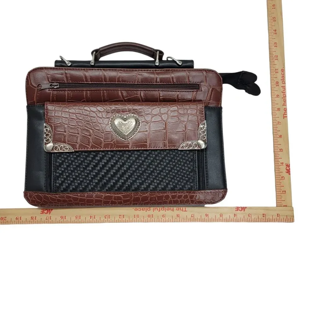 Western Faux Croc Briefcase Laptop Bag Heart Concho Black Brown Organizer